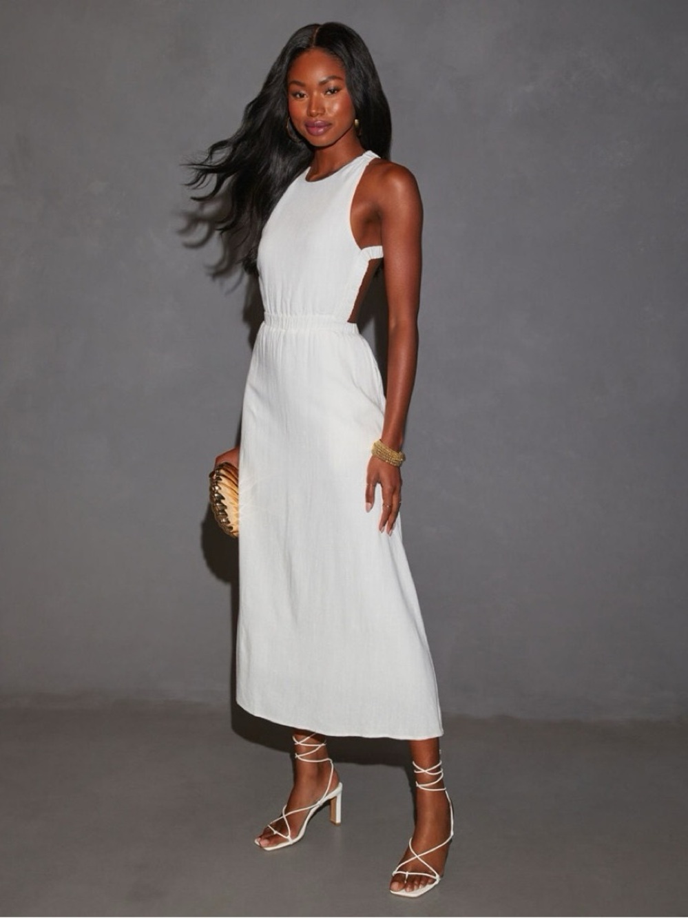 NWT Vici White White Linen Blend Open back Midi Dress Cutout Waist Medium